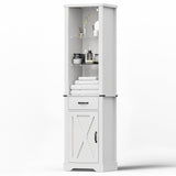 RoyalCraft 75'' Tall Storage Cabinet with LED Light, Farmhouse Pantry Cabinet with Tempered Glass Adjustable Shelves & Barn Door, Freestanding Linen Tower for Bathroom, Living Room, Kitchen, White RoyalCraft