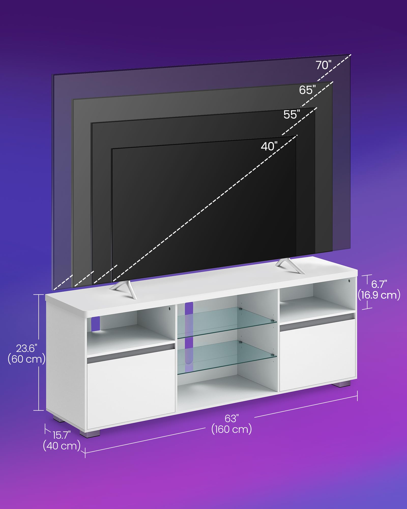 VASAGLE Stand with LED Lights 70 Inch, Entertainment Center with Open Glass Shelves, 2 Cabinets with Doors, 63 Long, TV Console for Bedroom Living Room, White ULTV330T10, 63 x 15.7 x 23.6 Inc - WoodArtSupply