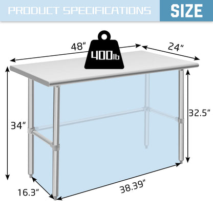 Hally Open Base Stainless Steel Table 24 x 48 Inches, NSF Commercial Heavy Duty Prep & Work Table with Galvanized Legs for Restaurant, Home and Hotel - WoodArtSupply