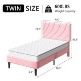 HOMBCK Twin Bed Frames/Faux Leather Upholstered Platform Bed with Headboard/Strong Wooden Slats/No Box Spring Needed/Easy Assembly/Pink HOMBCK