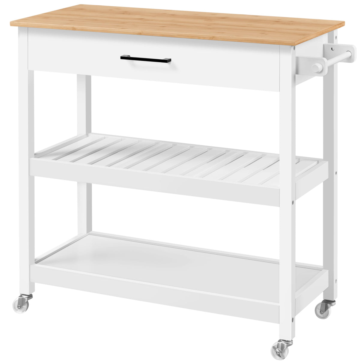 Yaheetech Kitchen Island Cart on Wheels with Bamboo Tabletop, 3-Tier Rolling Kitchen Island Microwave Cart with Drawer, Detachable Towel, 3 Hooks, 17″D × 37.5″W, White Yaheetech