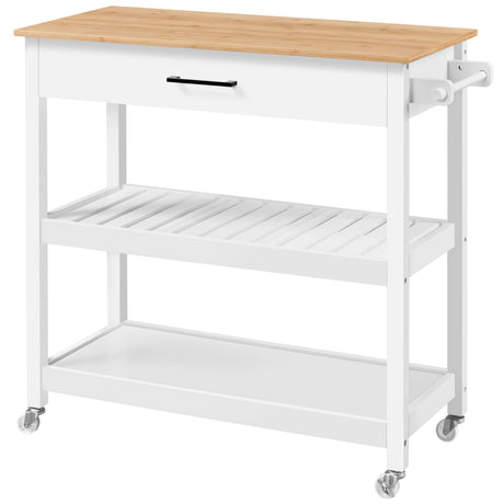 Yaheetech Kitchen Island Cart on Wheels with Bamboo Tabletop, 3-Tier Rolling Kitchen Island Microwave Cart with Drawer, Detachable Towel, 3 Hooks, 17″D × 37.5″W, White Yaheetech
