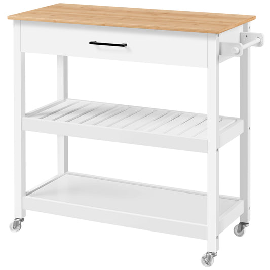 Yaheetech Kitchen Island Cart on Wheels with Bamboo Tabletop, 3-Tier Rolling Kitchen Island Microwave Cart with Drawer, Detachable Towel, 3 Hooks, 17″D × 37.5″W, White