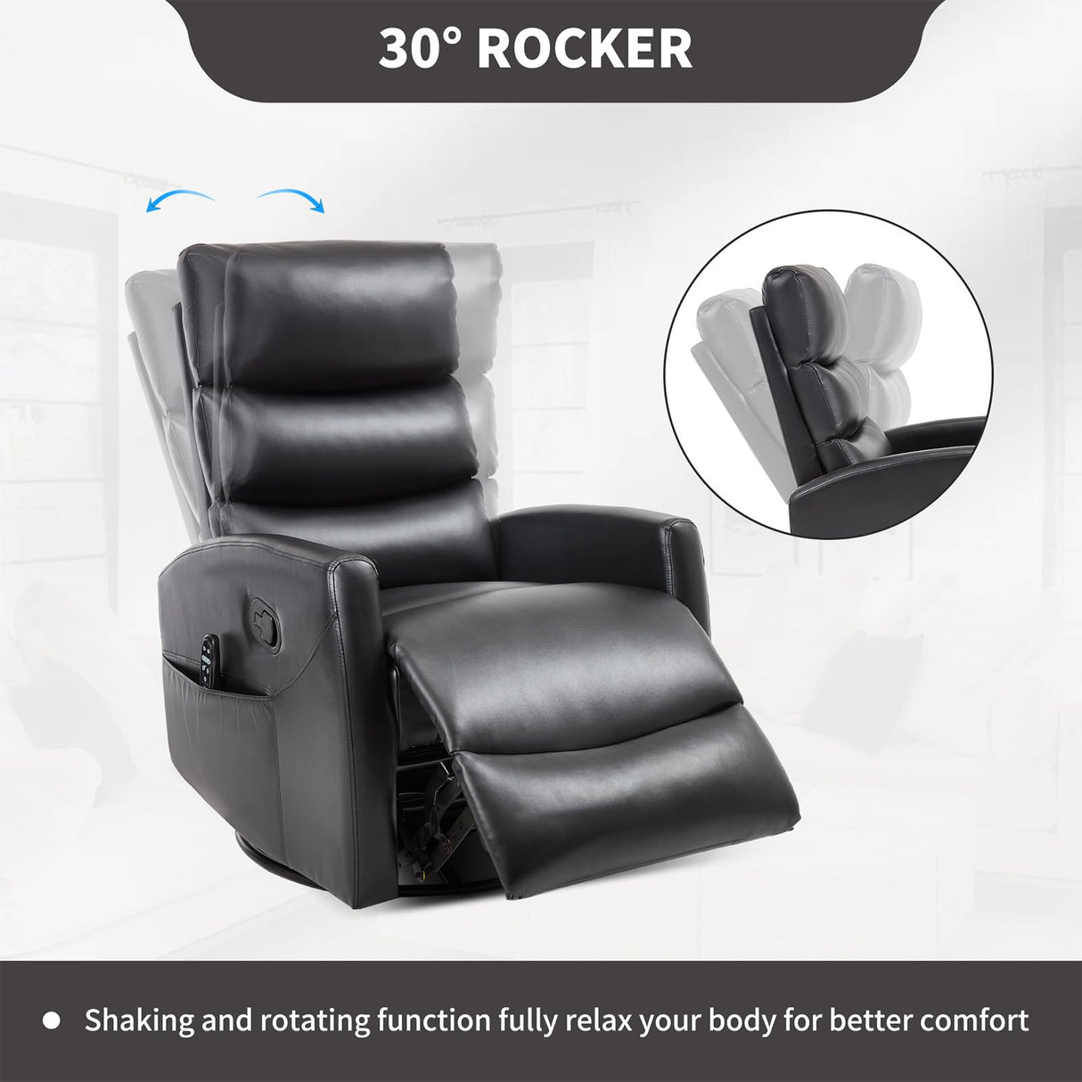 Massage Chair Recliner with Heat, Swivel Rocking Chair Recliner with High Back, Manual Lazy Boy Recliners for Adults,Small Recliner Chair for Small Spaces, Living Room Bedroom, Fabric (Black) Thctvous