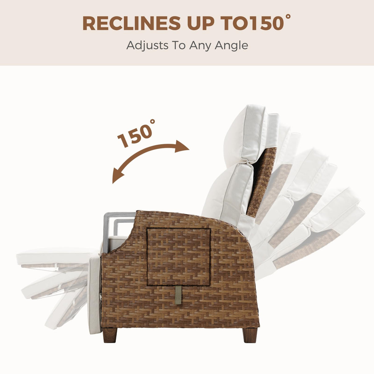 Grand patio Outdoor Recliner with Independent Adjustable Back and Footrest, Air Pump 150° Lay Flat Reclining Chair Removable Olefin Cushion Flip-Up Table Wicker Creamy White 1PC Grand patio