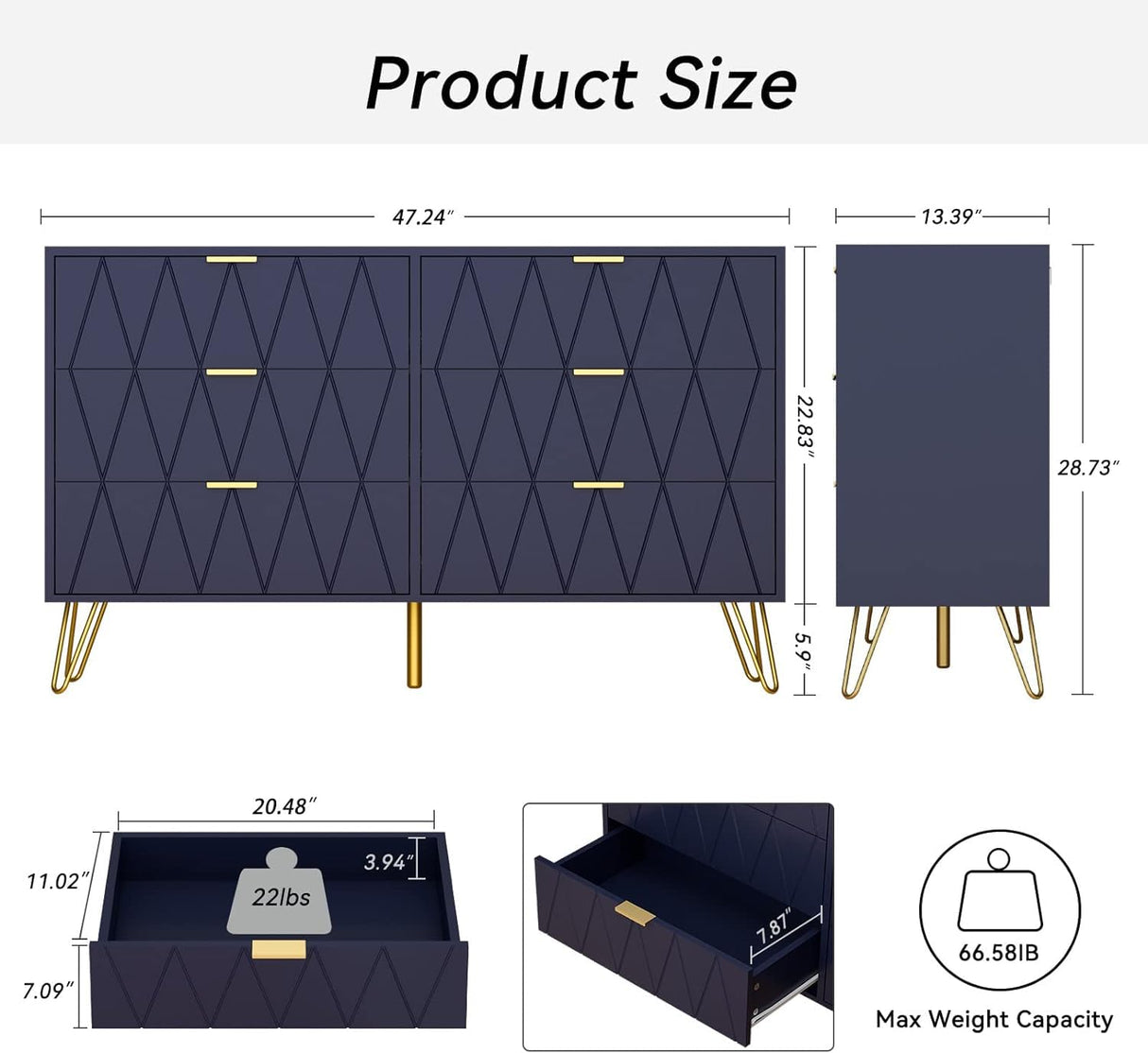 Anbuy Bedroom Sets Navy Blue Sets 3Pcs Large 6 Drawer Dresser and Night Stand Sets for Bedroom, Two Drawers Nightstand Set of 2 & 6 Drawer Dresser Combo 3 Pieces (Navy Blue)