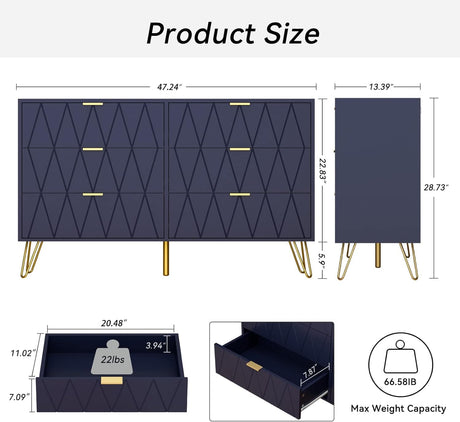 Anbuy Bedroom Sets Navy Blue Sets 3Pcs Large 6 Drawer Dresser and Night Stand Sets for Bedroom, Two Drawers Nightstand Set of 2 & 6 Drawer Dresser Combo 3 Pieces (Navy Blue) Anbuy