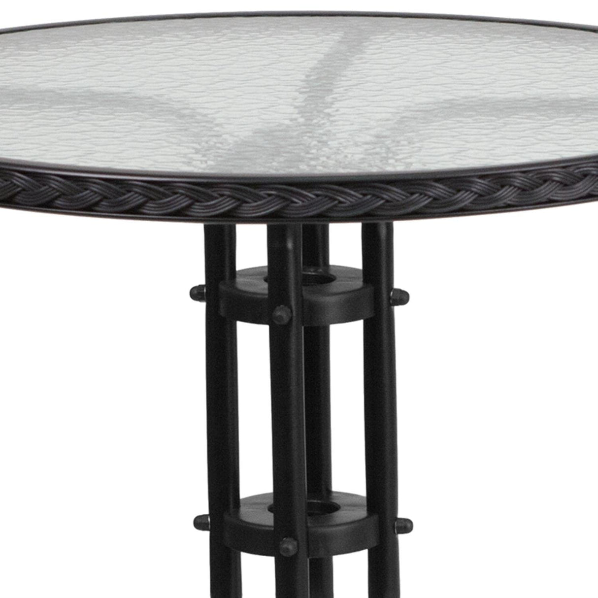 Flash Furniture Lila 28'' Round Glass Metal Table with Black Rattan Edging and 2 Black Rattan Stack Chairs Flash Furniture