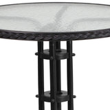 Flash Furniture Lila 28'' Round Glass Metal Table with Black Rattan Edging and 2 Black Rattan Stack Chairs Flash Furniture