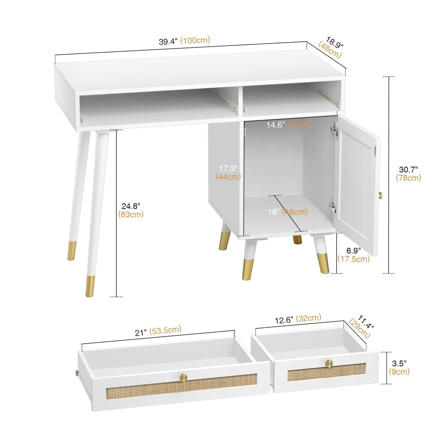 Anmytek Rattan Vanity Desk with Drawers and Storage, White Makeup Vanity Table Modern Home Office Desk Computer Desk for Study D0006 - WoodArtSupply