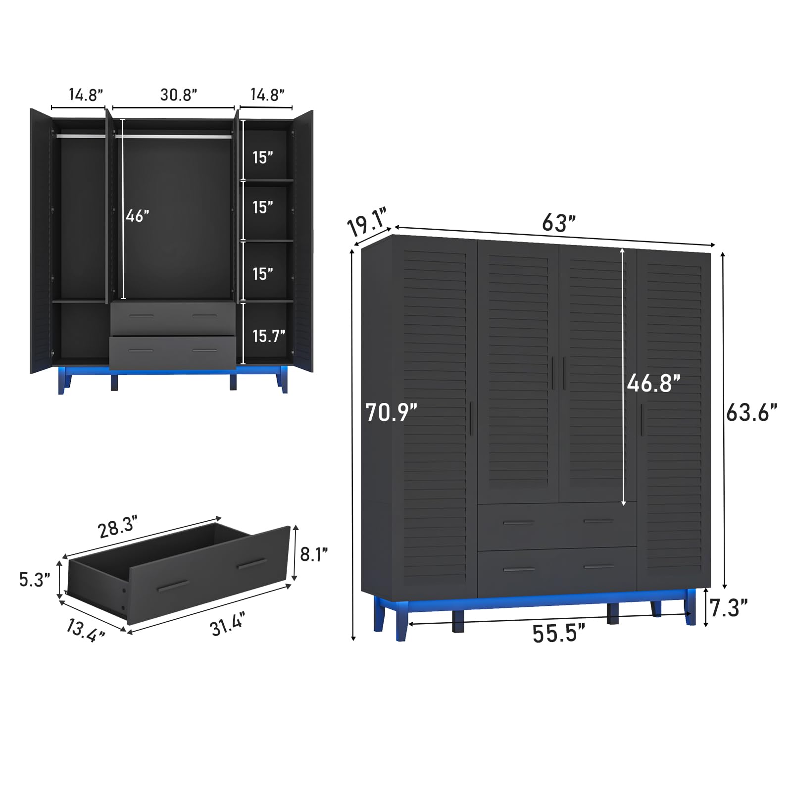 Hlivelood 4 Door Armoire Wardrobe Closet Cabinet with Drawers and LED Lights, Multi-Tier Shelves, Hanging Rod & 4 Louver Doors, Large Capacity Storage Wardrobe Armoire for Bedroom, Black - WoodArtSupply