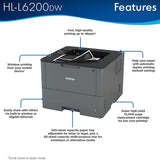 Brother HL-L6200DW Wireless Monochrome Single-Function Laser Printer - Print only - 48 ppm, 1200 x 1200 dpi, Auto Duplex Printing, 8.5" x 14", 256MB Memory, 520 Sheet, Ethernet Brother