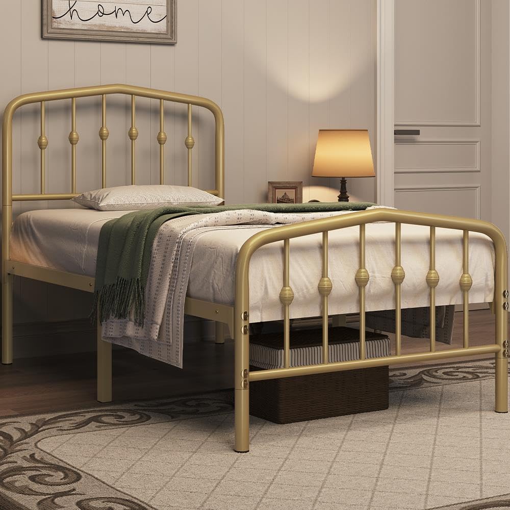 Yaheetech Twin Bed Frames Metal Platform Bed with Victorian Style Wrought Iron Headboard and Footboard/Easy Assembly/No Box Spring Needed/Antique Gold Twin Bed Yaheetech