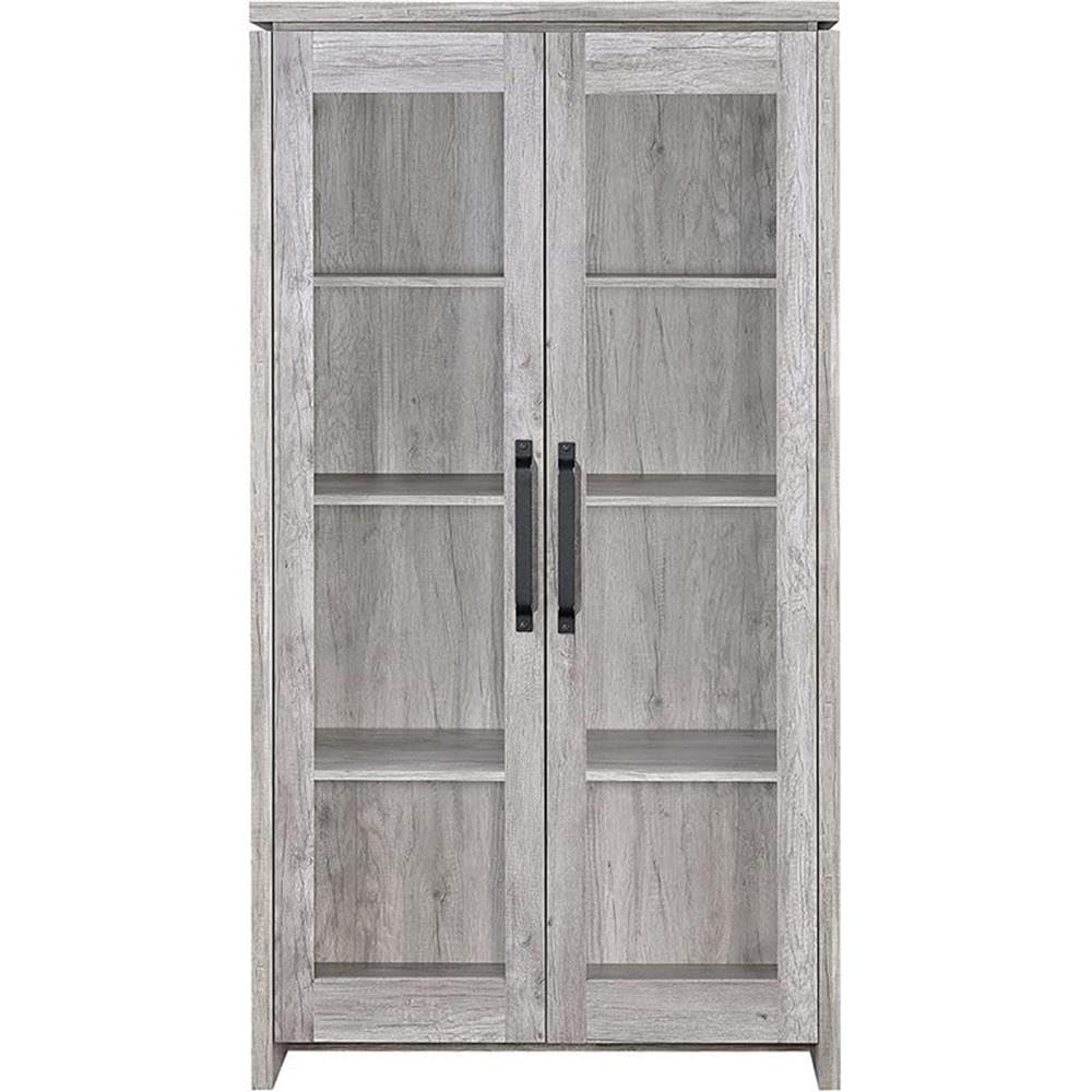 BOWERY HILL Traditional Glass Front 2 Door Wood Curio Display Cabinet in Grey Driftwood BOWERY HILL