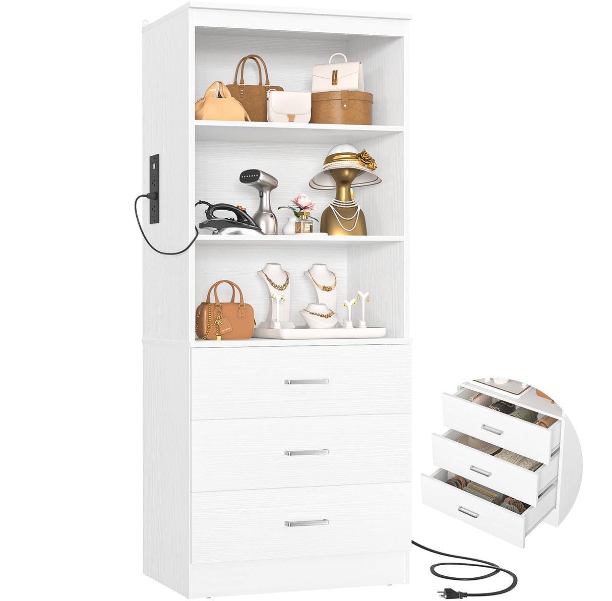 Aheaplus 23.6" Closet Drawers System, Wood Closet Organizer System with 3 Drawers, Modular Walk-in Closet Storage Unit, White (23.6" L x 13.8" W x 71" H) Aheaplus