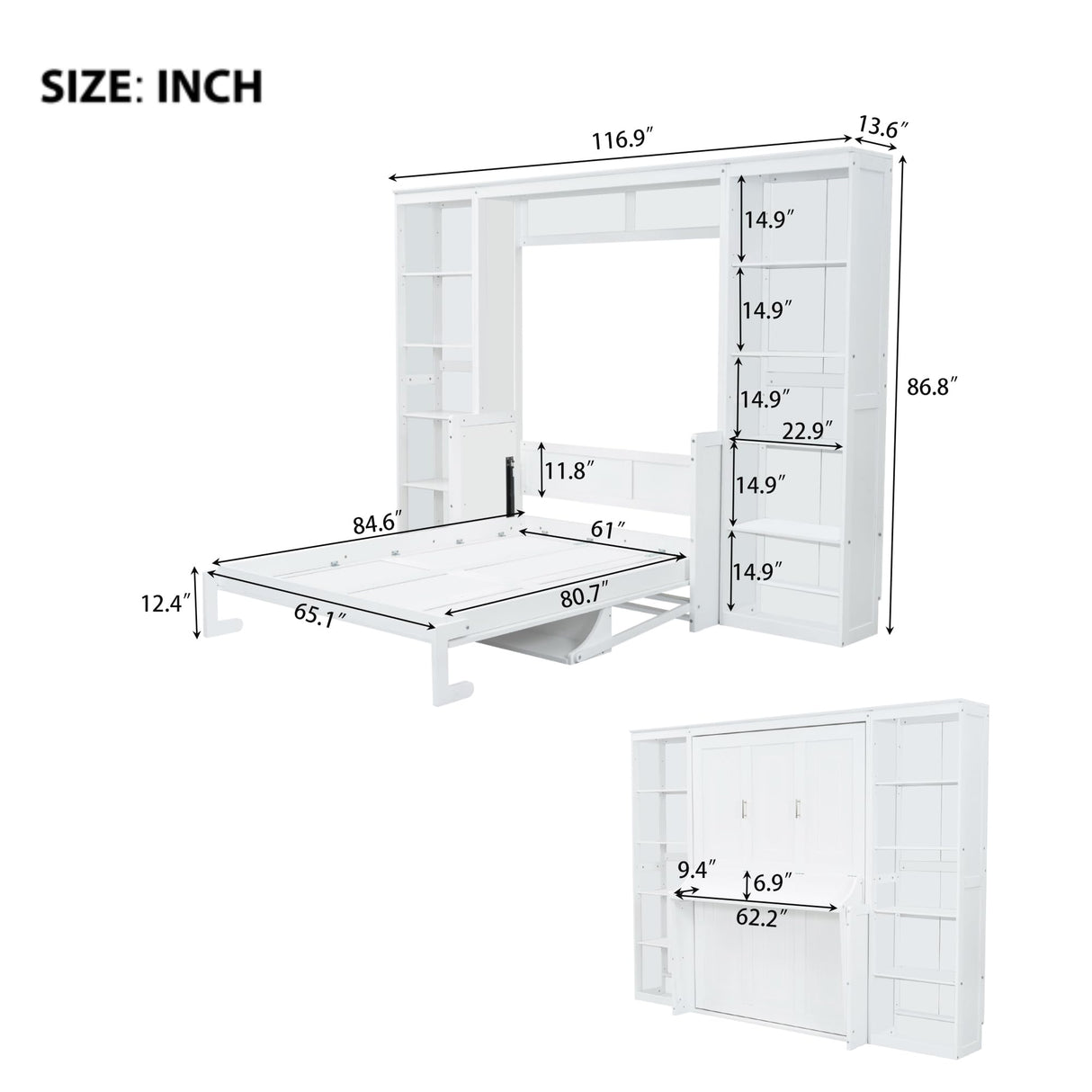 VYNELITO Queen Size Murphy Bed Frame with Bookshelves, Folding Wall Bed, Wooden Hidden Bed Frame for Bedroom Small Spaces Studio Study Office Guest Room-White VYNELITO