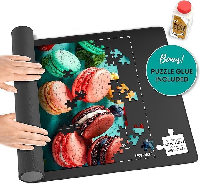 Point Games Rubber Puzzle Mat, Jigsaw Roll Up Mat for Puzzles - Jigsaw Mat 1500 Pieces Protector, Saver, Organizer, Non-Slip Rubber Bottom, Polyester Top w/Storage Bag + Bonus Puzzle Glue Point Games