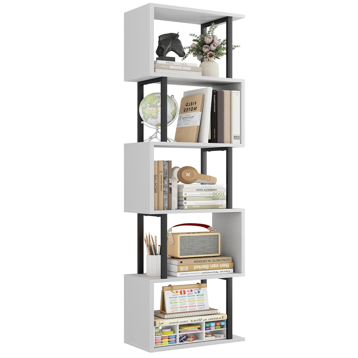 Gadroad 5-Tier Bookshelf, Narrow S-Shaped Geometric Bookcase, Wood Decorative Storage Shelving, Modern Freestanding Display Shelves, Book Shelf Unit for Living Room Bedroom Home Office, White Gadroad