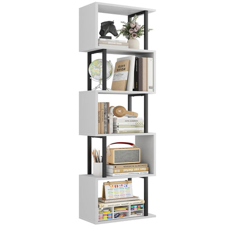 Gadroad 5-Tier Bookshelf, Narrow S-Shaped Geometric Bookcase, Wood Decorative Storage Shelving, Modern Freestanding Display Shelves, Book Shelf Unit for Living Room Bedroom Home Office, White Gadroad