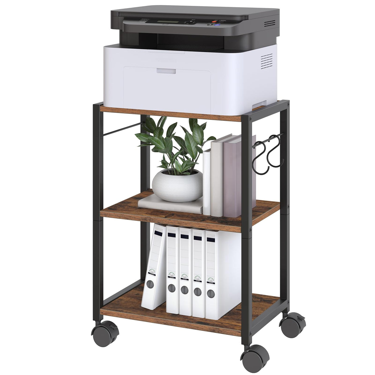 MAHANCRIS Printer Stand, 3-Tier Under Desk Printer Cart with Storage Shelf, Heavy Duty Printer Table with Wheels for Home and Office, Printer Shelf with 2 Hooks, Small Spaces, Rustic Brown PTHR4001Z MAHANCRIS