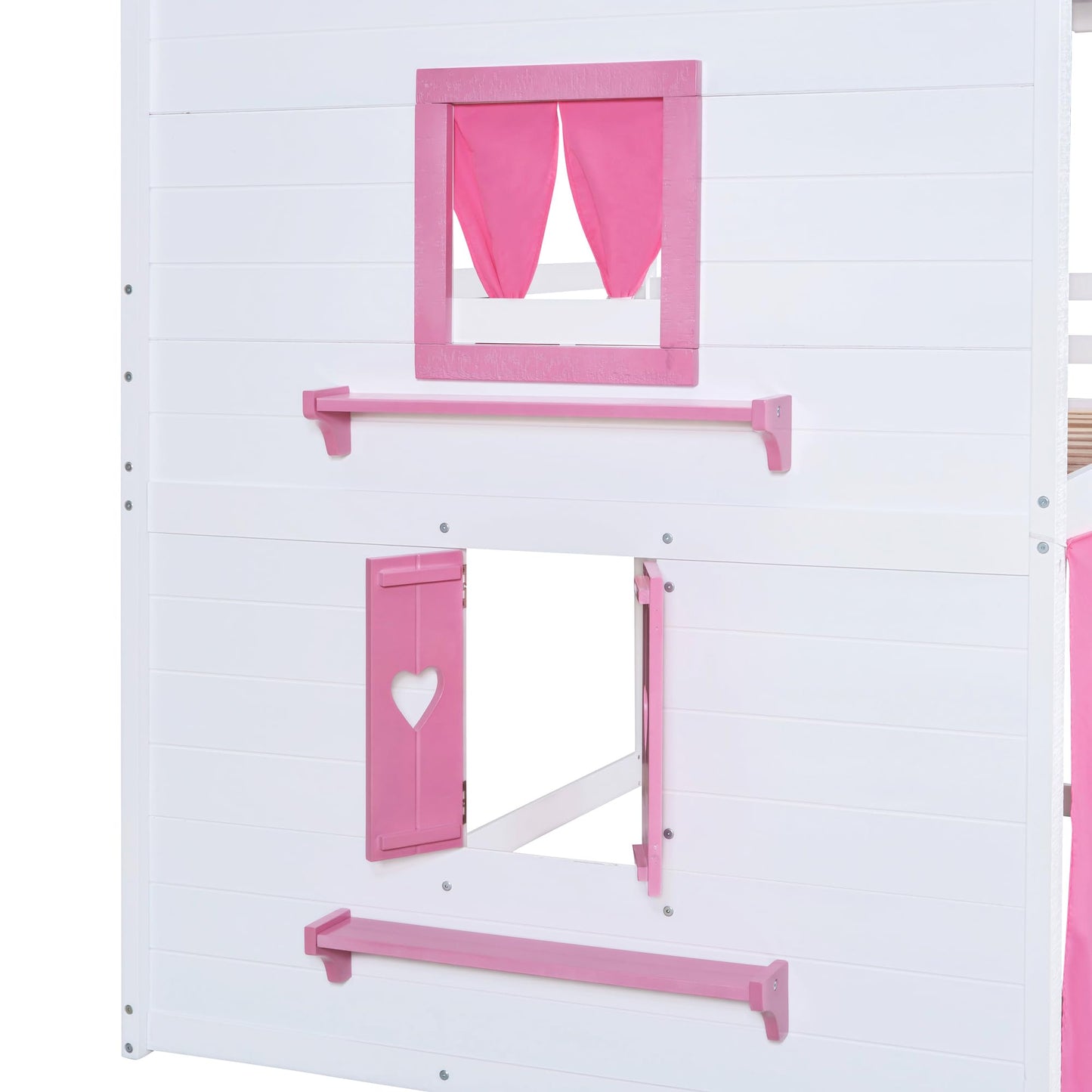 SOFTSEA Twin Over Twin House Bunk Bed for Kids, Floor Bunk Bed with Tent and Windows Sills, Wood Bunk Bed Frame with Slide Ladder and Guardrails, Twin Size House Shaped Bunk Bed for Girls Boys, Pink