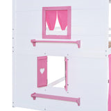 Harper & Bright Designs Full Over Full Bunk Bed, Wood Full Size House Bed with Elegant Windows, Sills and Tent, Pink+White Harper & Bright Designs