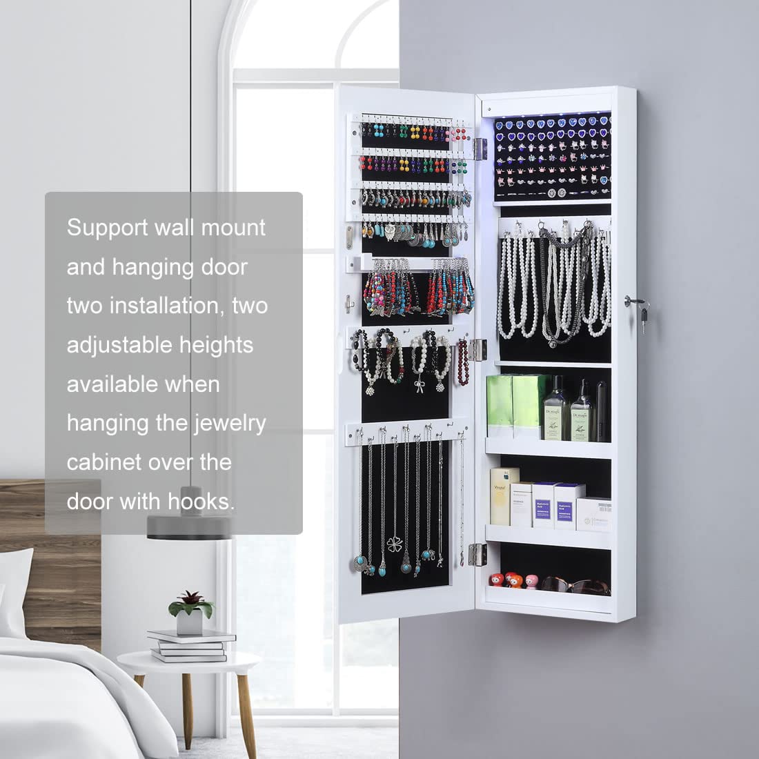 GISSAR Full Length Mirror Jewelry Cabinet, 6 LEDs Jewelry Armoire Wall Mounted Over The Door Hanging, Jewelry Organizer Display Storage Furniture with Lights Locker Mirrored Cabinet, White GISSAR