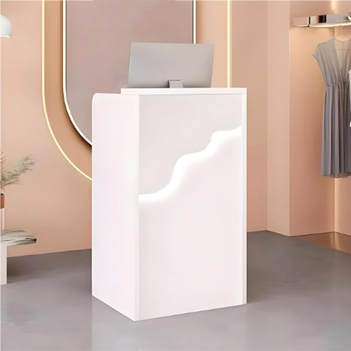 Reception Desk with Counter LED Light, Modern Front Desk with Lockable Drawer, White Retail Checkout Counter for Clothing Store Lobby Beauty Salon (White, 37.8x23.6x15.7in) CDDUOLA