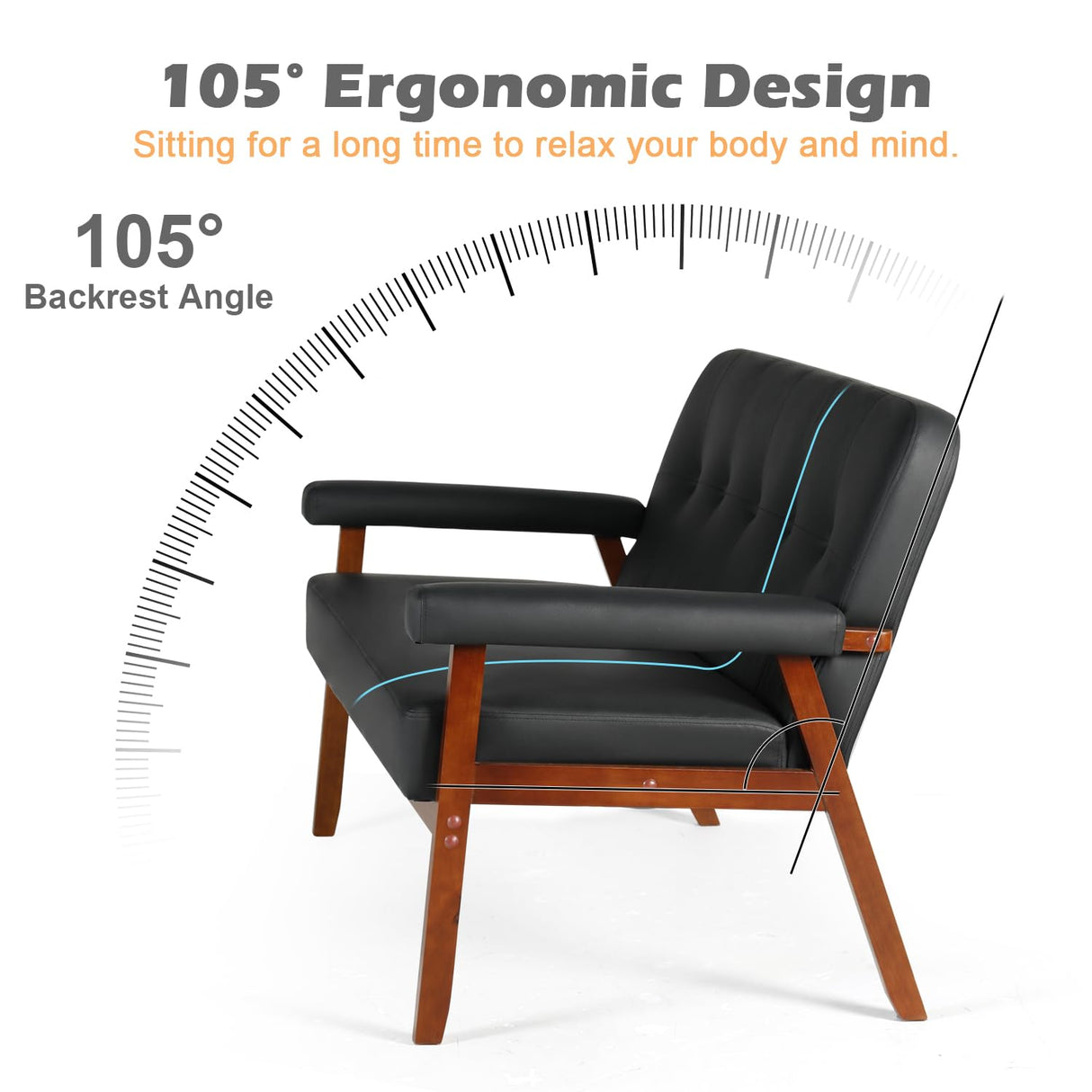 STHOUYN 50”W Black Faux Leather Small Office Couch Loveseat Sofa with Wood Arms, Mid Century Modern Love Seat Sofas Lounge Armchair Living Room Bedroom (Black (loveseat)) STHOUYN