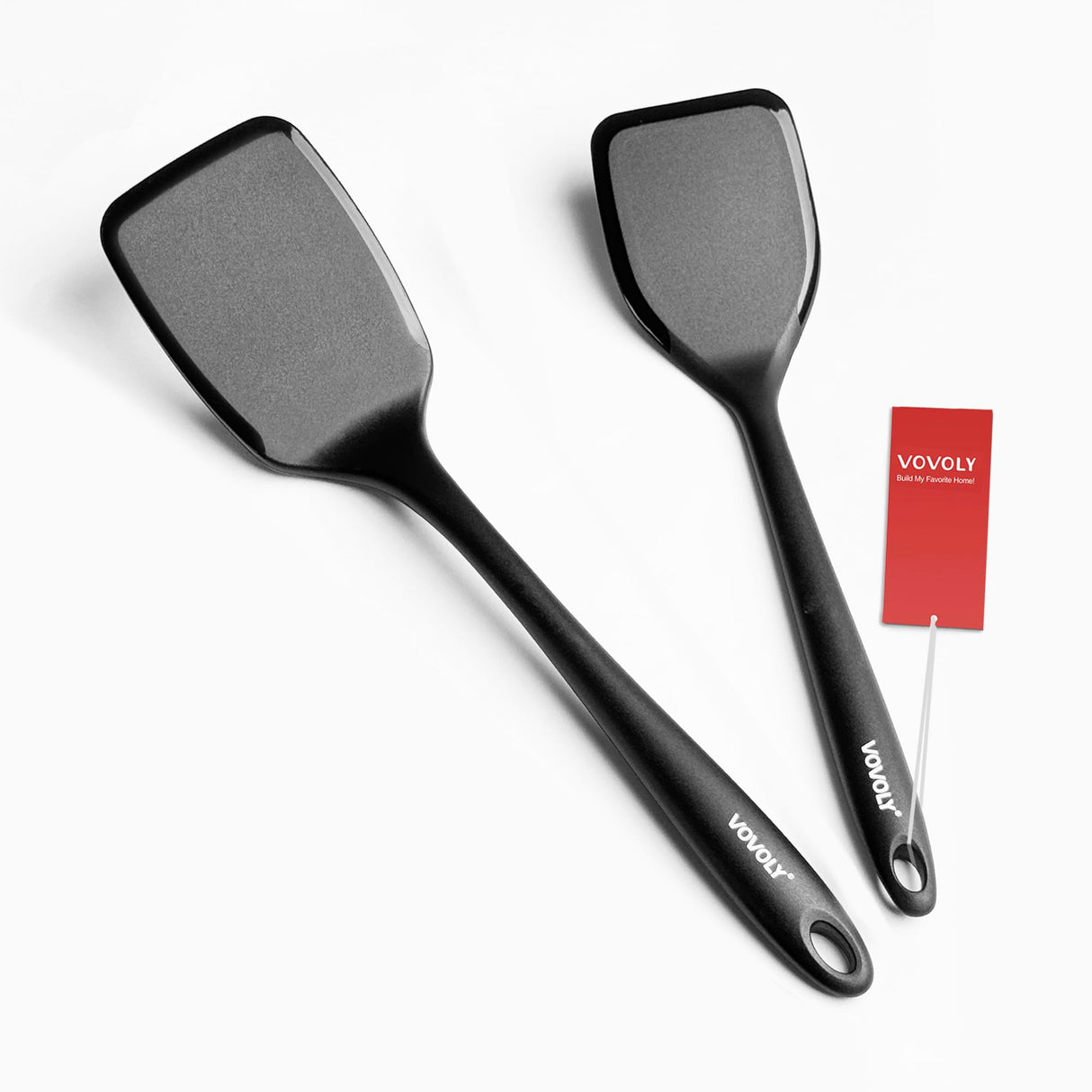 Silicone Spatula Set, 600°F Heat Resistant Silicone Spatula Turner Flipper for Cooking, Non Stick and Non Scratch Kitchen Utensils for Eggs, Burgers, Crepes, 2-Pack Solid Spatulas Set, Black Vovoly