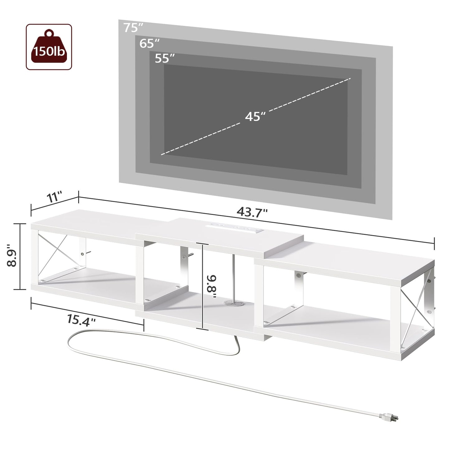 MAHANCRIS Floating TV Stand with Power Outlet, Wall-Mounted Entertainment Console Center with Storage, Floating TV Shelf for Under TV Storage, for Living Room, Bedroom, White TVBW101E01