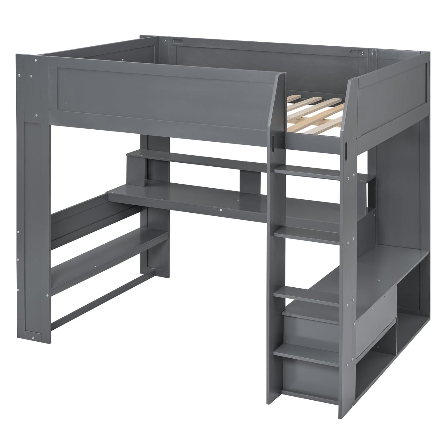 HZXINKEDZSW Full Size Wood Gaming Loft Bed with Desk, Storage Shelves, LED Lights, and Charging Station in Grey - WoodArtSupply