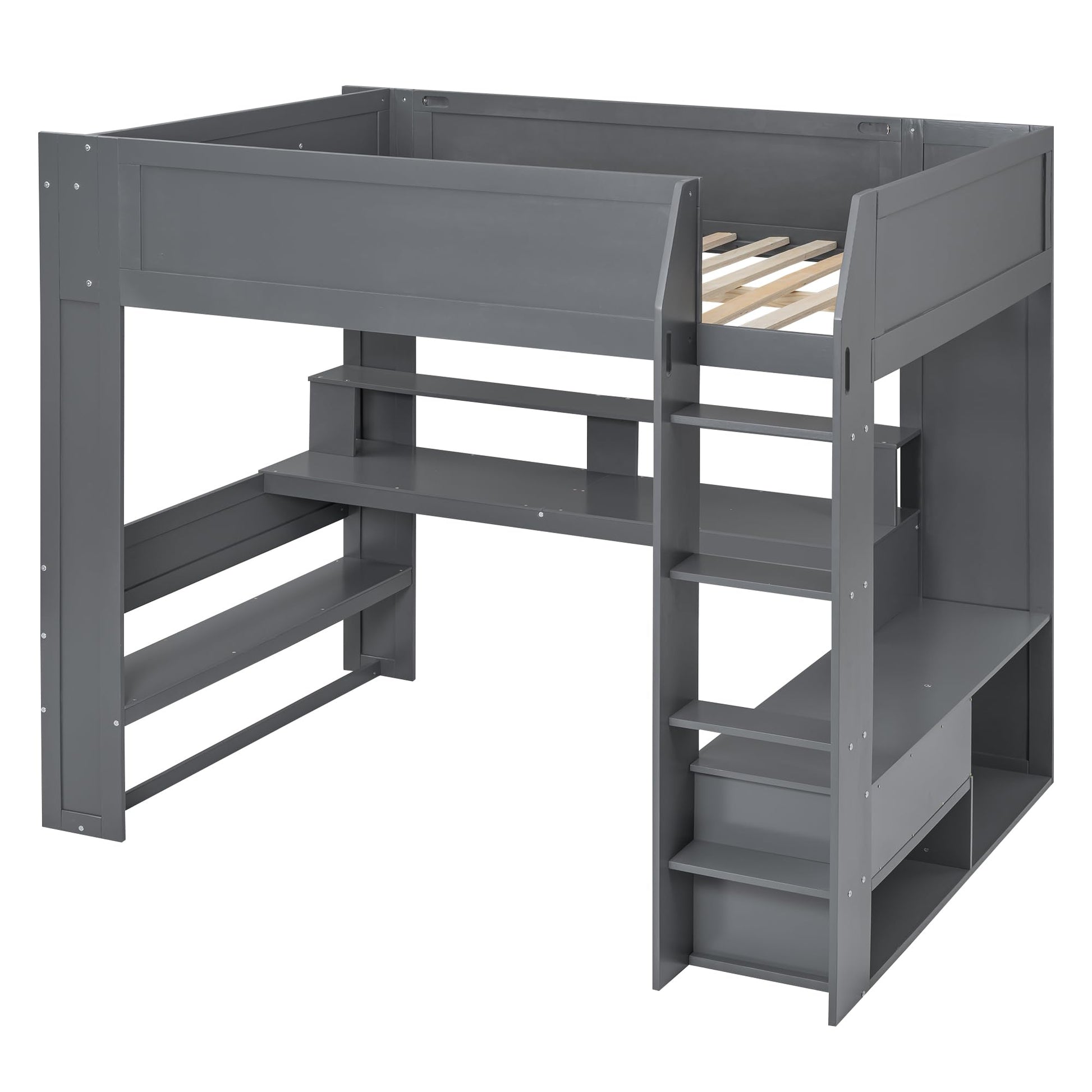 Urunqi Full Size Loft Bed with Gaming Desk, LED Lights, and Multi-Functional Storage Solutions - WoodArtSupply