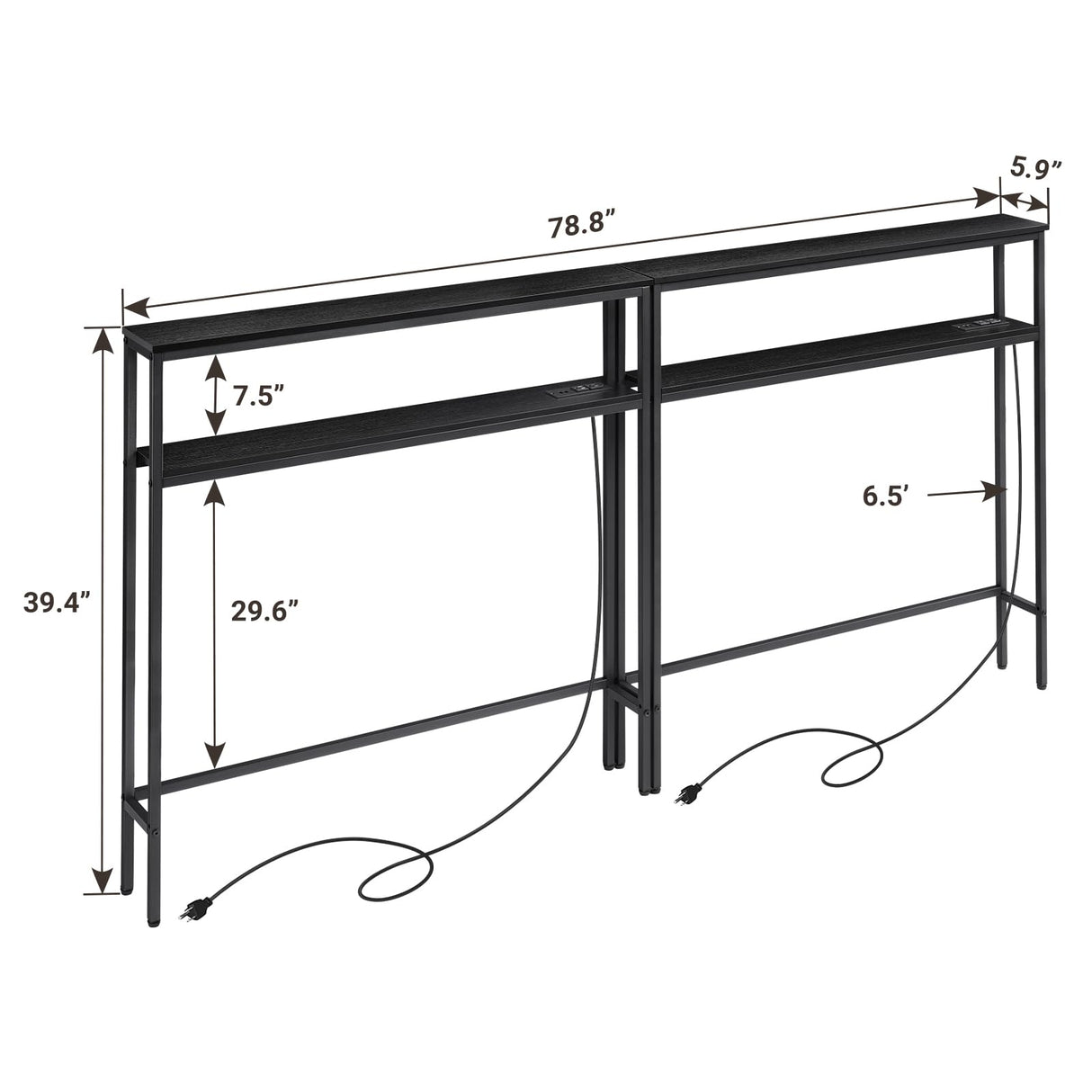 ELYKEN 2 Pack 5.9" Narrow 2-Tier Console Sofa Table with LED Strip Light, 5.9" Dx39.4”Wx39.4”H Long Behind Couch Table with Charge Station, Skinny Table with 6.5’ Extension Cord, Black ELYKEN