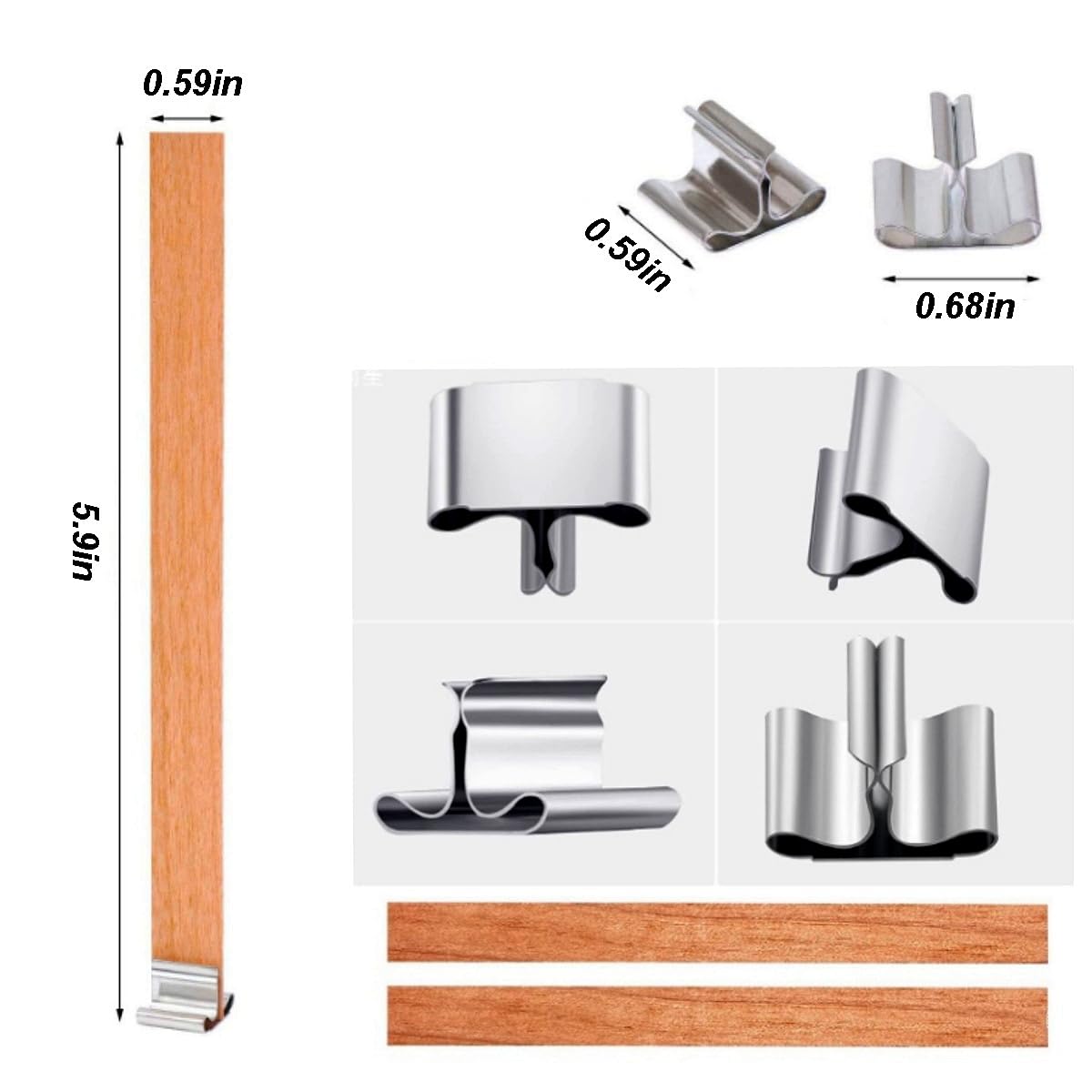 QPZ 100Pcs Cotton Candle Wicks 6" Pre-Waxed with Tabs,50Pcs Wooden Candle Wicks Smokeless,Wood Candle Making Wicks 0.59*5.9 Inch with 50Pcs Wick Clips Holders Metal Based for Candle DIY,Candle Making pice