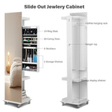 BOSTANA Jewelry Organizer, Push-Pull Jewelry Armoire Mirror with Storage Shelves Coat Rack, 360° Swivel Mirror Jewelry Cabinet Standing with Full Length Mirror, Gift Idea, White BOSTANA