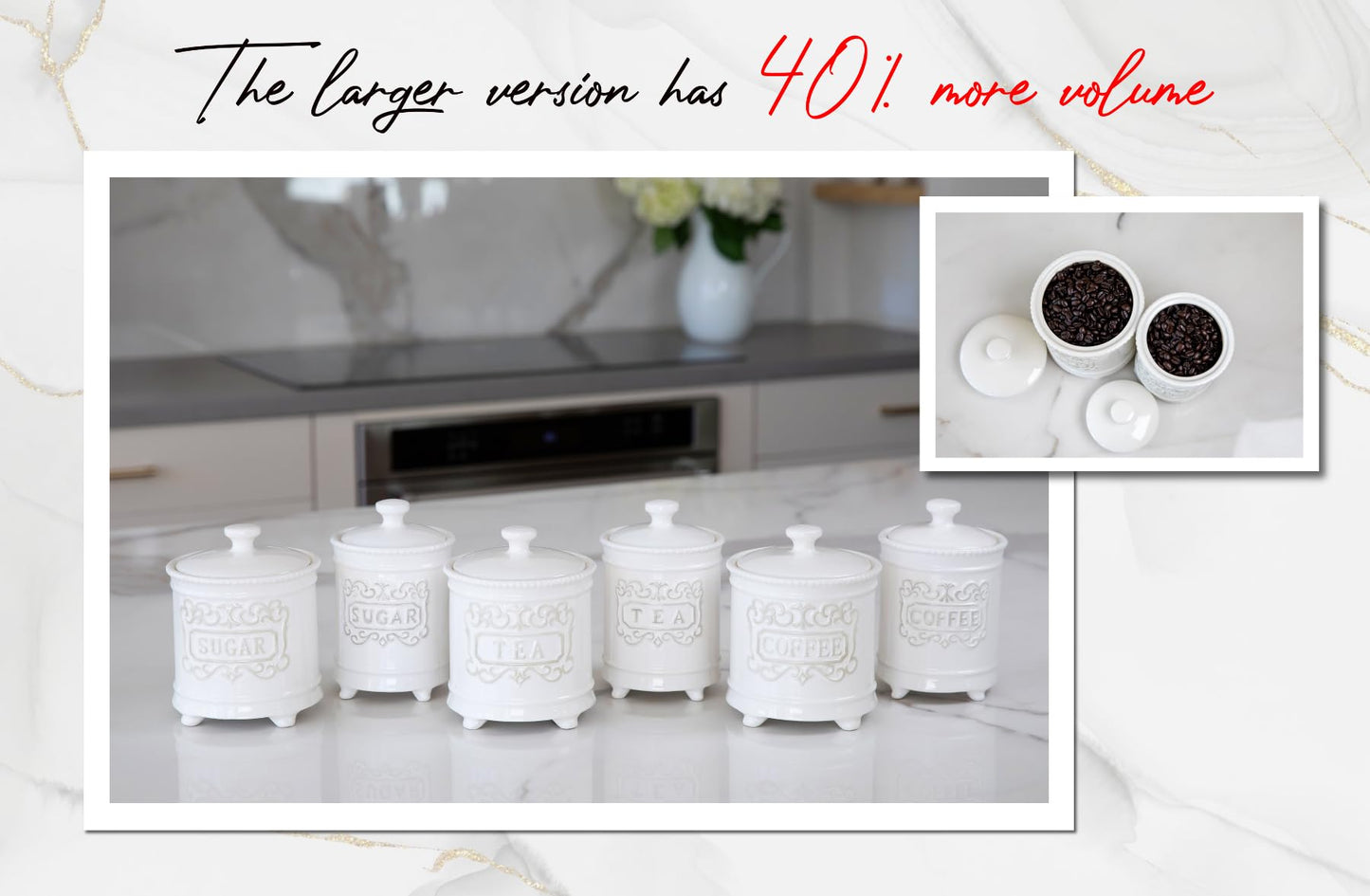 Large 35 Ounce Elegant Ceramic Kitchen Canisters Set of 3 - Beautifully Engraved Coffee Tea Sugar Storage Containers Airtight with Feet for Added Style and Stability - Ceramic Jar with Airtight Lid