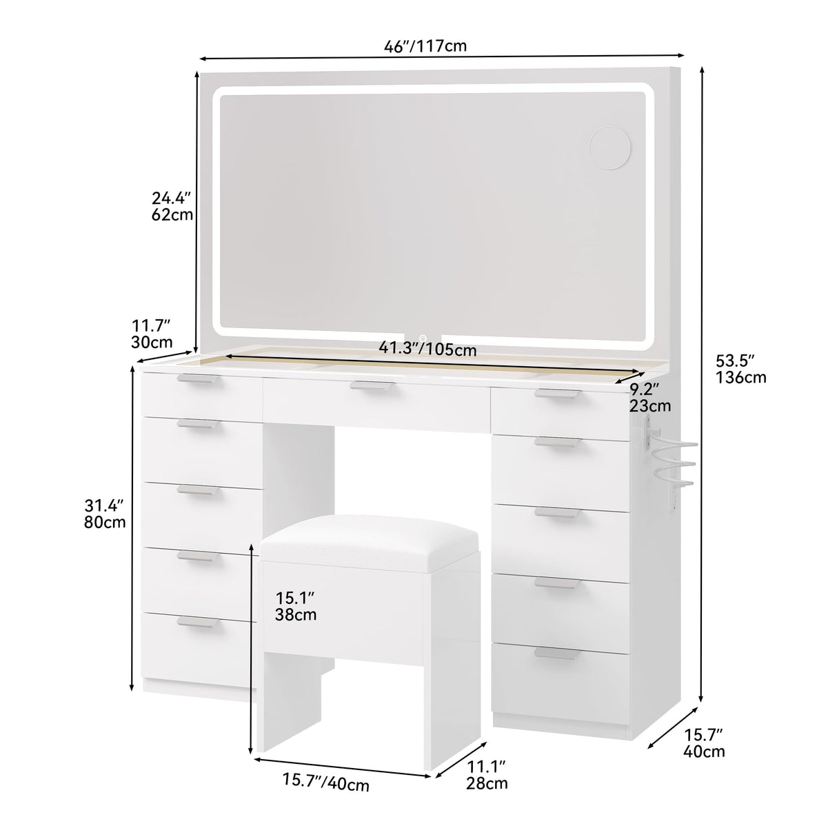 YITAHOME LED Makeup Vanity Table, Glass Top Vanity Desk with Hidden Storage Stool, Vanity with Built-in Power Outlets and USB Ports YITAHOME