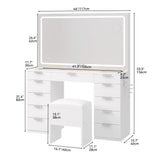 YITAHOME LED Makeup Vanity Table, Glass Top Vanity Desk with Hidden Storage Stool, Vanity with Built-in Power Outlets and USB Ports YITAHOME