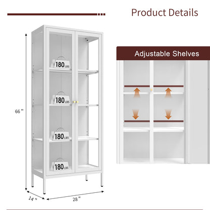 Kubohogar Display Cabinet with Glass Doors, 66" Curio Cabinet with 3 Ajustable Shelves, 4 Tier Display Case for Collectibles, Bookcase with Doors for Office Living Room