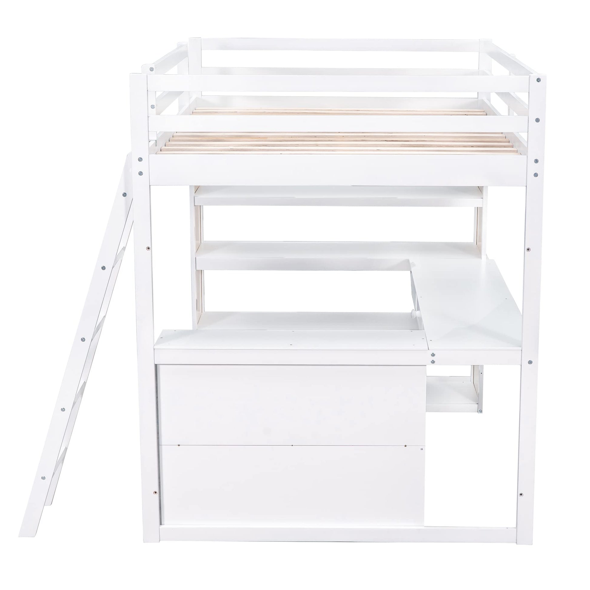 Versatile Full Size Loft Bed with Desk, Shelves, Drawer and Ladder – Solid Wood Frame in White - WoodArtSupply