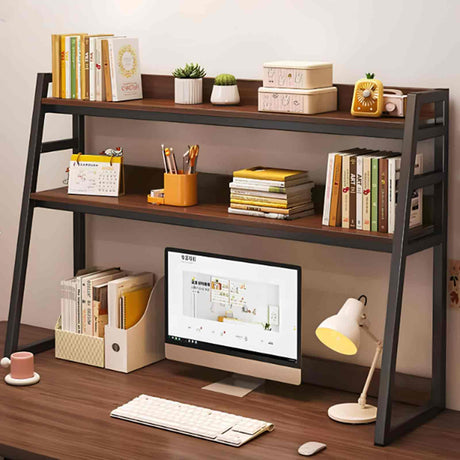 JXCAA Ladder Bookcase for Computer Desk, 2-Tier, 3-Tier, Dorm Room Desk Hutch, Desktop Bookshelf Organizer, Steel Frame, with Installation Tools, Dark Walnut, H 65/90 Cm JXCAA