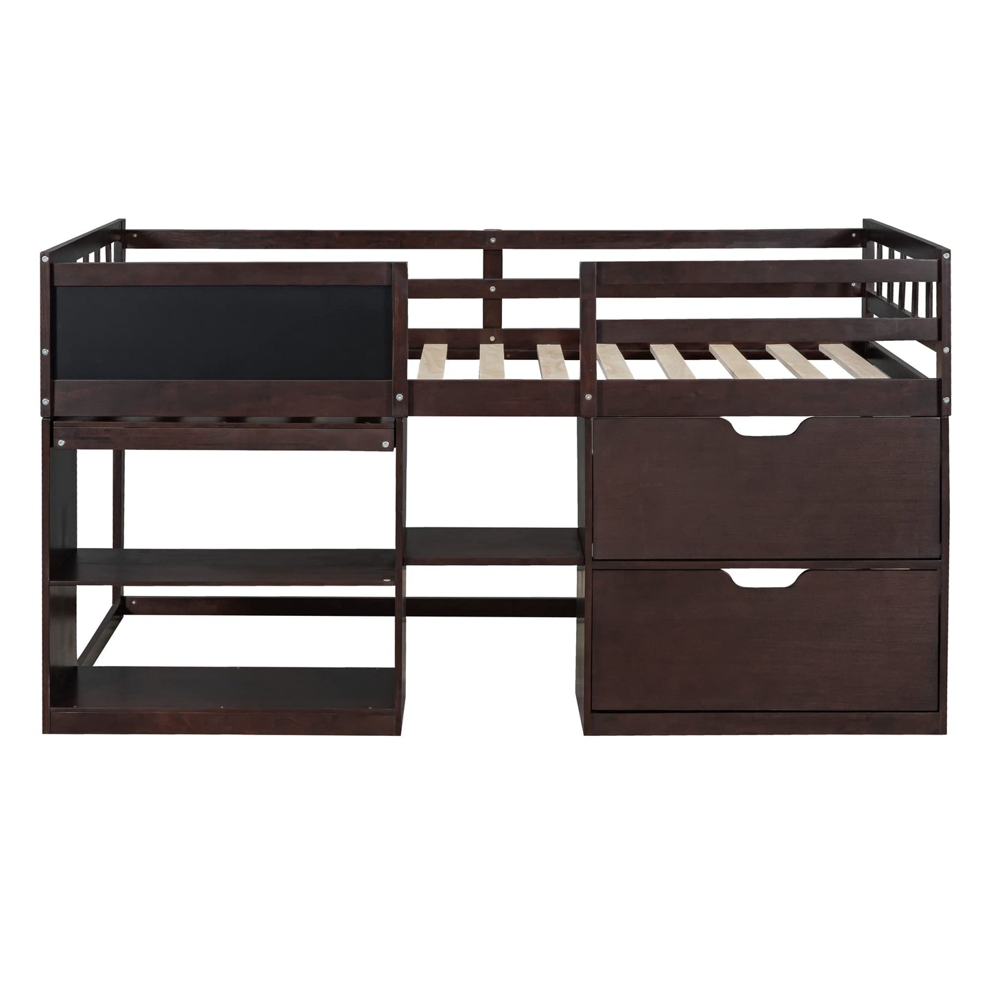 Harper & Bright Designs Low Loft Bed with Rolling Desk and Storage Shelves, Twin Size Loft Beds with 2 Drawers and Chalkboard, Wood Junior Twin Loft Bed Frame for Kids Boys Girls Teens, Espresso