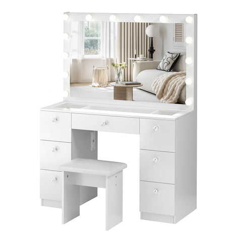 SMOOL Vanity with Lighted Mirror - Makeup Vanity Desk with Power Outlet and 7 Drawers, 3 Color Lighting Modes Adjustable Brightness, 44" Vanity Table with Glass Top for Women Girls, White (White) SMOOL