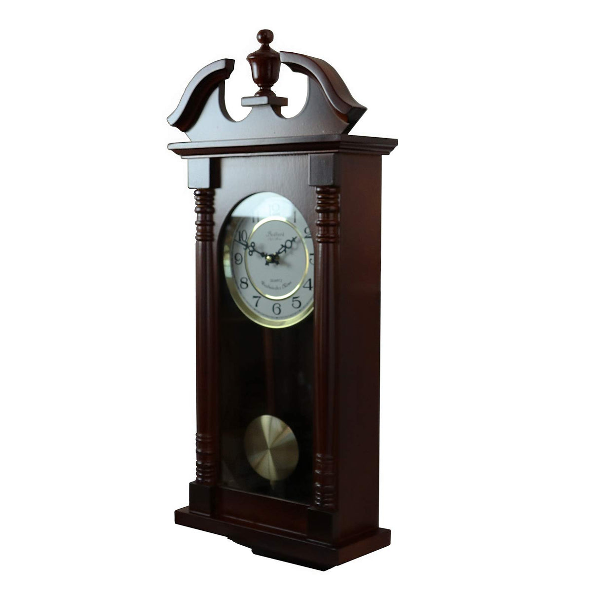 Bedford Clock Collection Classic Chiming Wall Clock with Swinging Pendulum in Cherry Oak Finish, 4.75" L x 11.75" W x 27.50" H Bedford Clock Collection