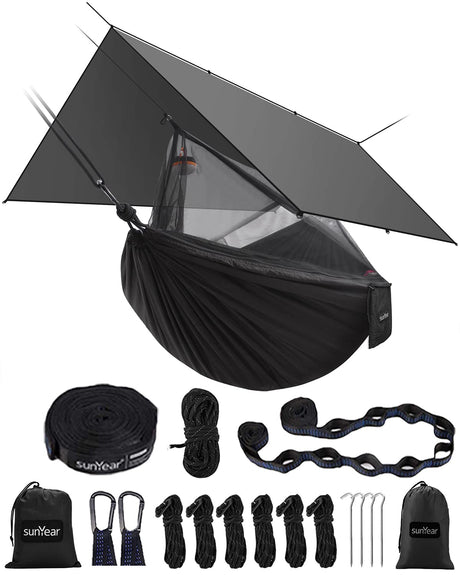 Sunyear Hammock Camping with Rain Fly Tarp and Net, Portable Camping Hammock Double Tree Hammock Outdoor Indoor Backpacking Travel & Survival, 2 Tree Straps,100% Waterproof Black Bundle Sunyear