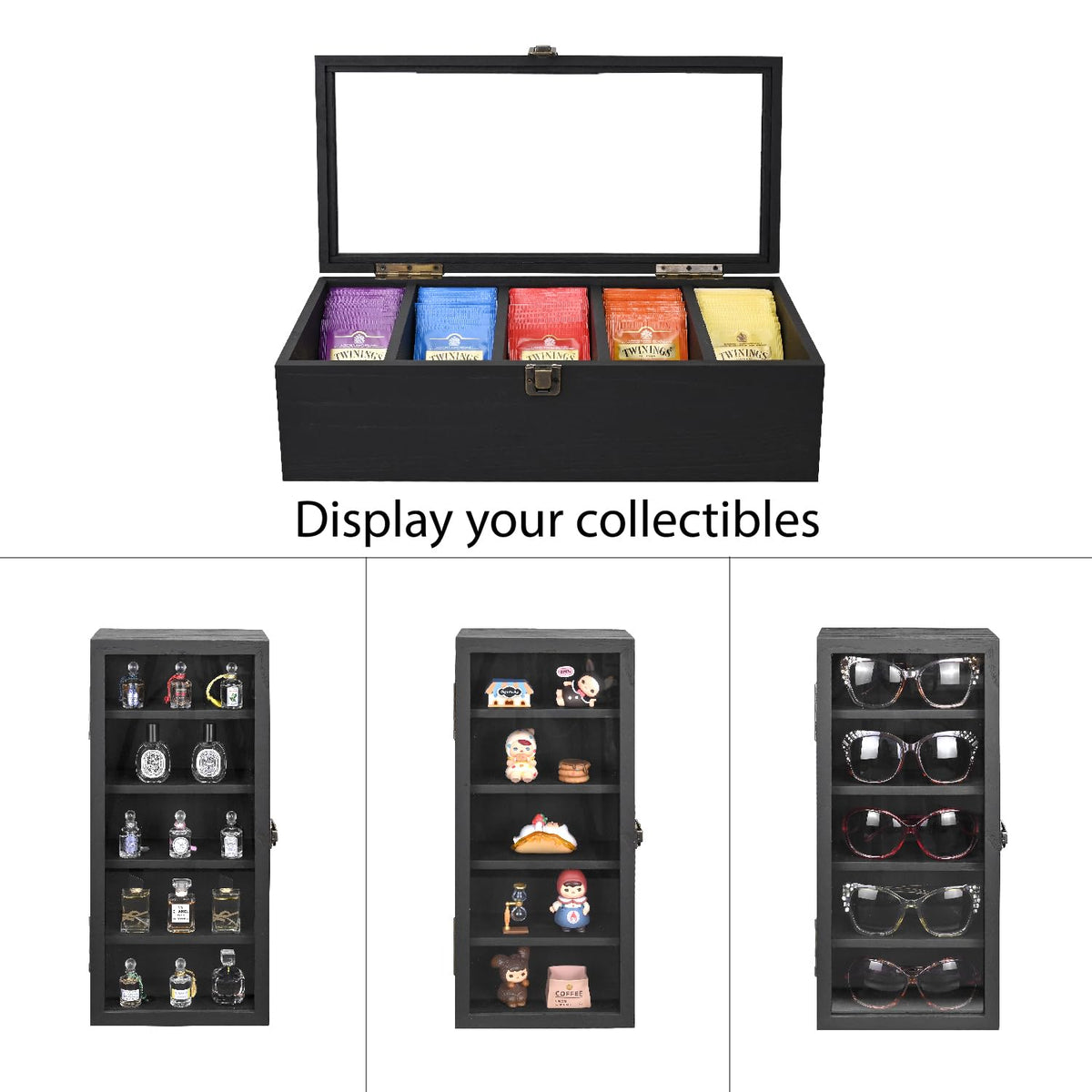 Ikee Design Wall Mounted Wooden Collectible Display Case 5 Shelf Display Storage Accessories with Tempered Glass Door, Black Color Ikee Design