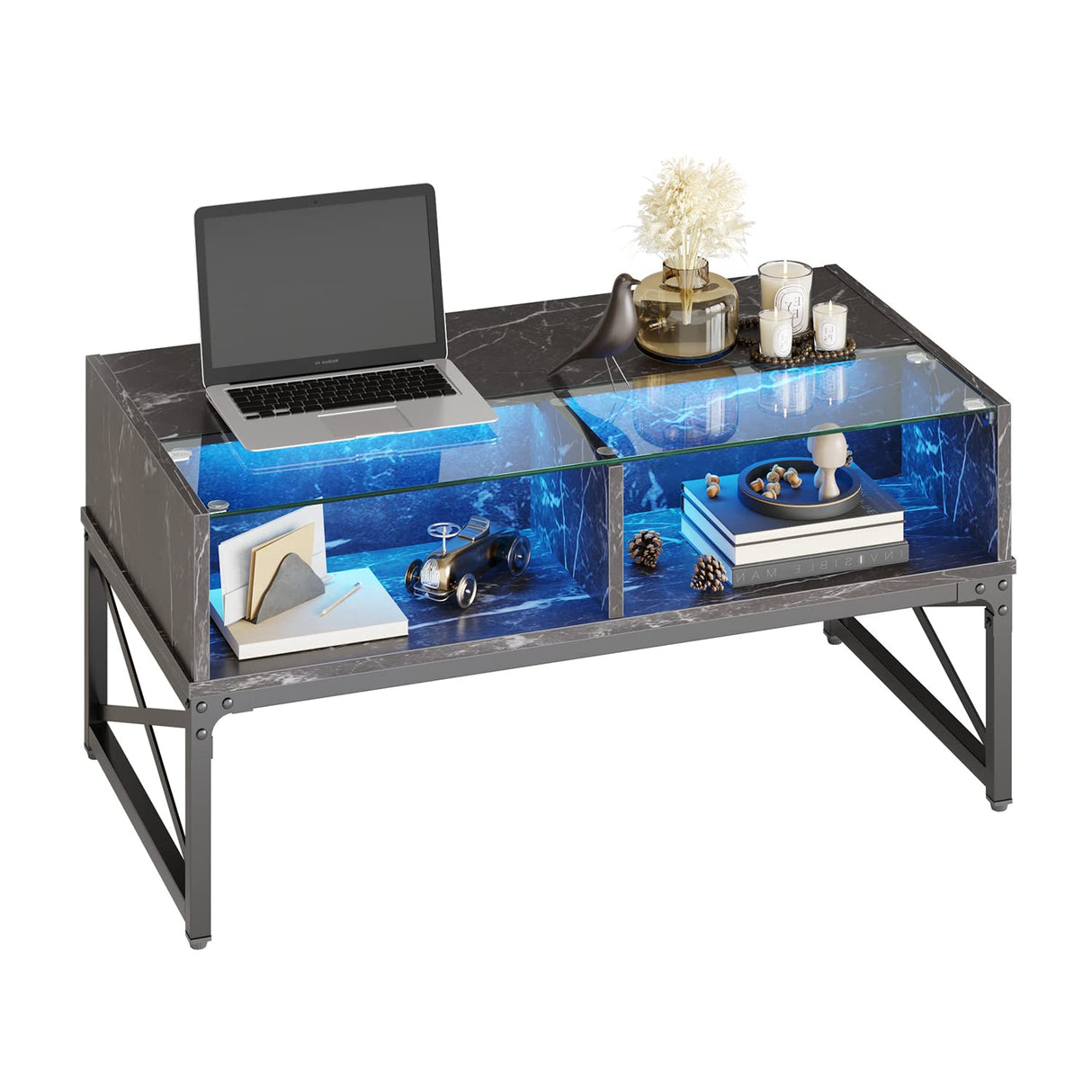 Bestier LED Coffee Tables for Living Room, 42 Inch Wood Center Table with Glass Top for Game Night. Rustic Brown Bestier