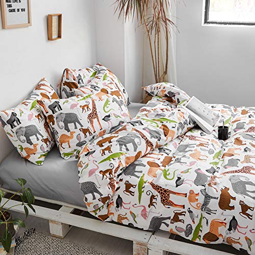 BlueBlue Safari Kids Duvet Cover Set Queen, 100% Cotton Bedding for Boys Girls Teens Lion Elephant Rhino Giraffe Zebra Zoo Print on White, 1 Full Soft Comforter Cover 2 Pillow Shams BlueBlue