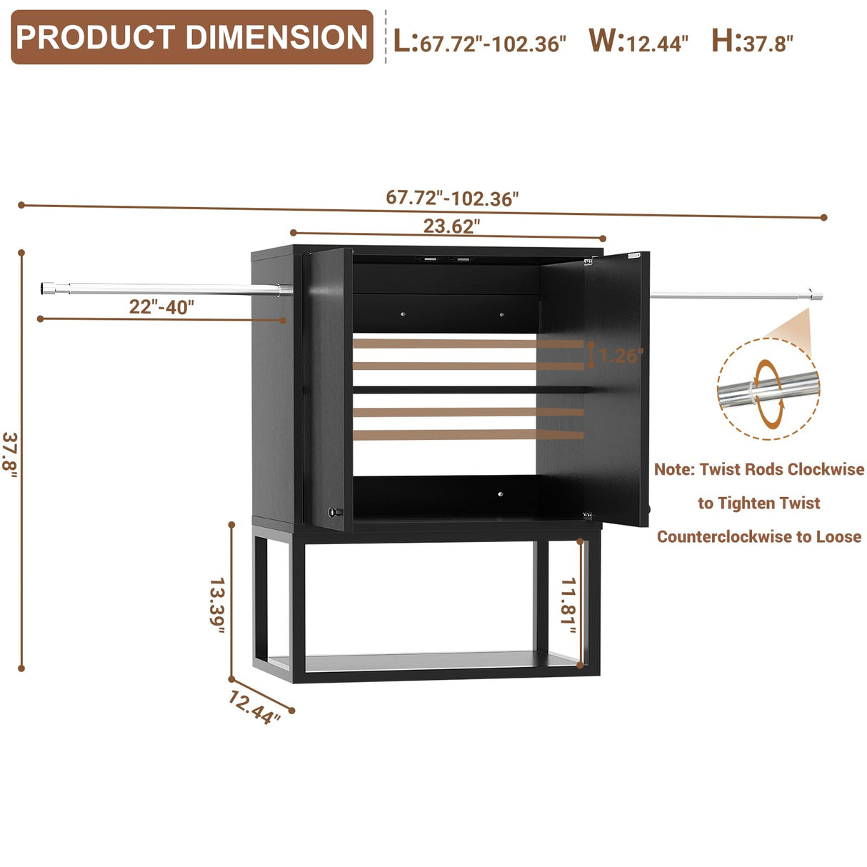 Homieasy Wall Cabinet with 2 Hanging Rods, 67'' Wide Laundry Wall Cabinet with 2 Doors, Open Rack & Adjustable Inner Shelf, Storage Cabinet Wall Mounted for Laundry & Bathroom, Black Homieasy